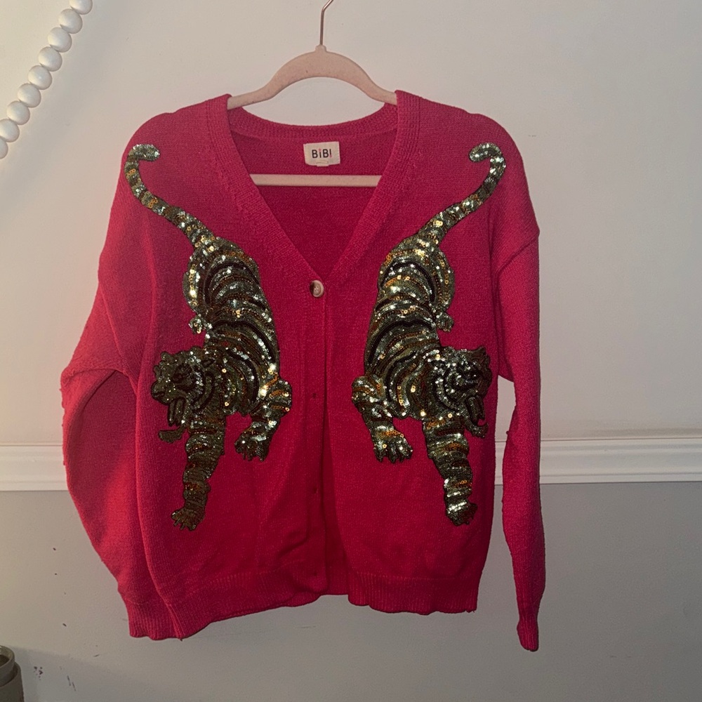 BiBi Pink Cardigan with Gold Sequin Tiger Design